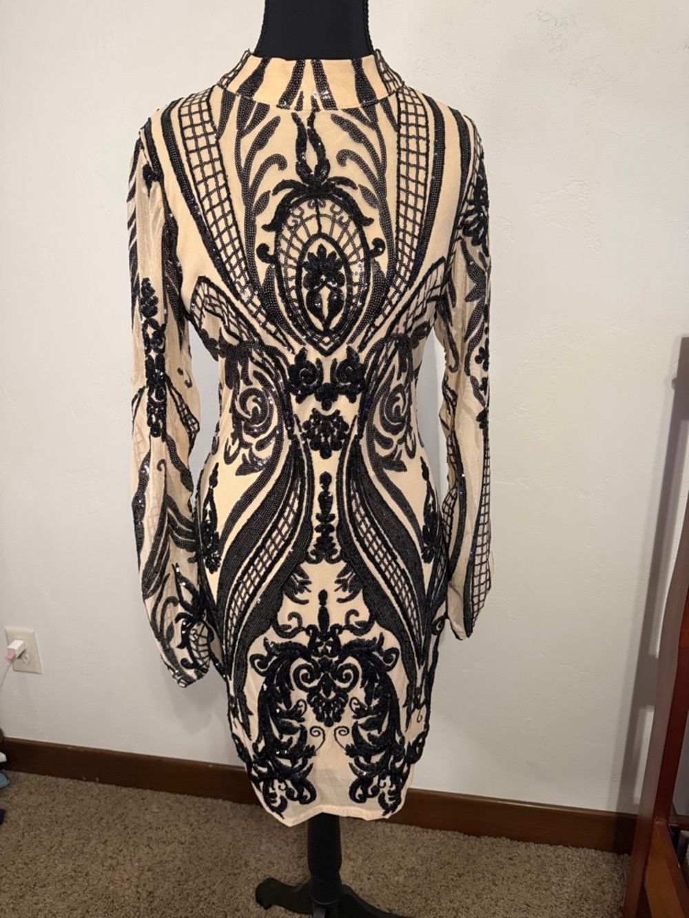 Main Strip Black Beaded Baroque Long-Sleeve Dress on Nude